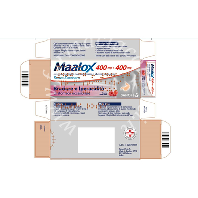 Maalox 400 mg + 400 mg compresse masticabili senza zucchero 400 mg + 400 mg compresse masticabili senza zucchero aroma frutti rossi 30 compresse